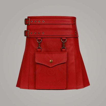 Women's Red Leather Utility Kilt Double Buckle High Waist Mini Skirt