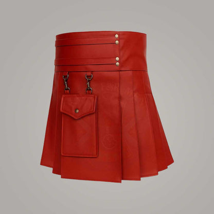 Women's Red Leather Utility Kilt Double Buckle High Waist Mini Skirt