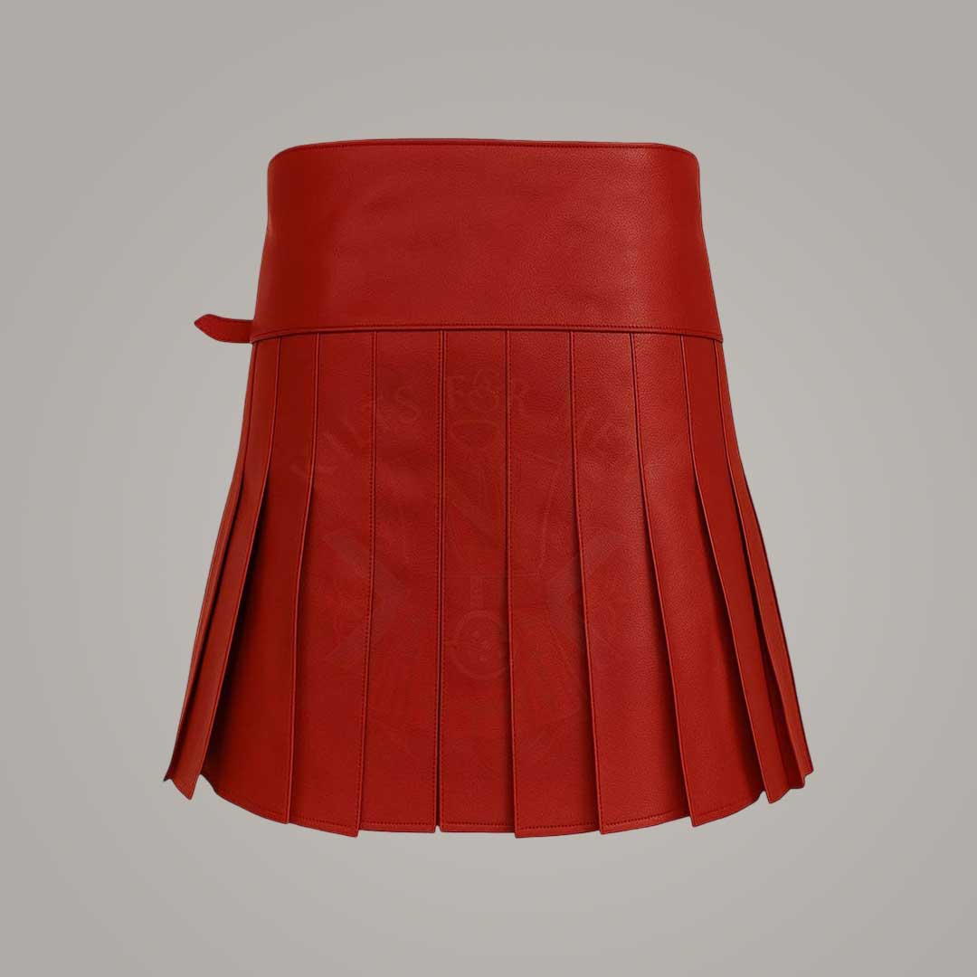 Women's Red Leather Utility Kilt Double Buckle High Waist Mini Skirt