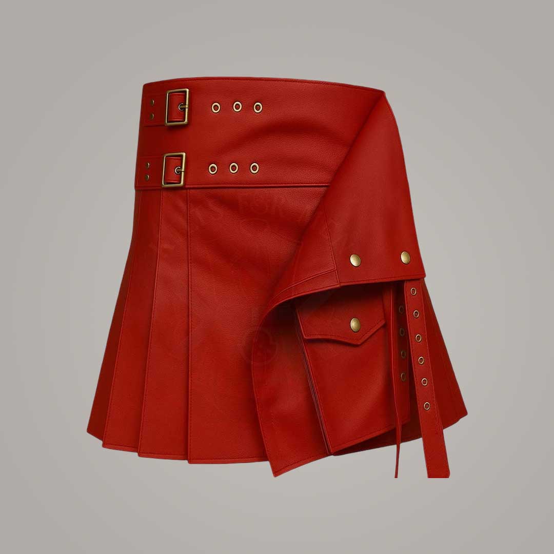 Women's Red Leather Utility Kilt Double Buckle High Waist Mini Skirt