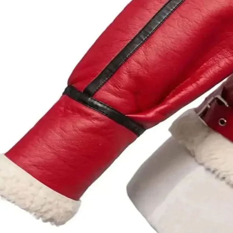 Women's Red Shearling Leather Jacket - Festive Christmas Style