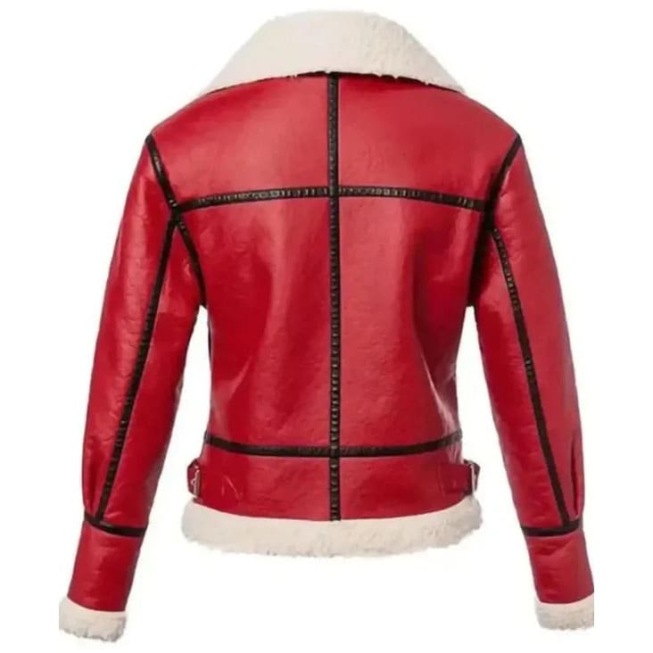Women's Red Shearling Leather Jacket Festive Christmas Style