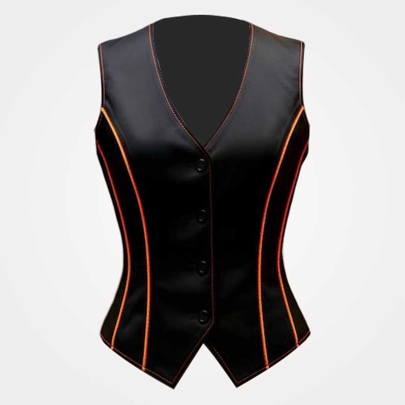 Women's black genuine leather Emberline vest with ember orange seam detailing by Jackets Kingdom