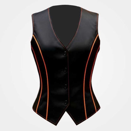 Women's black genuine leather Emberline vest with ember orange seam detailing by Jackets Kingdom