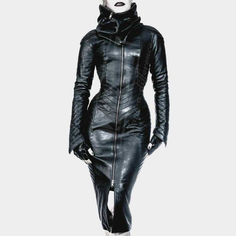 Women's black leather bodycon dress with gothic steampunk quilted detailing by Jackets Kingdom