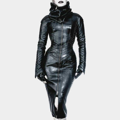 Women's black leather bodycon dress with gothic steampunk quilted detailing by Jackets Kingdom