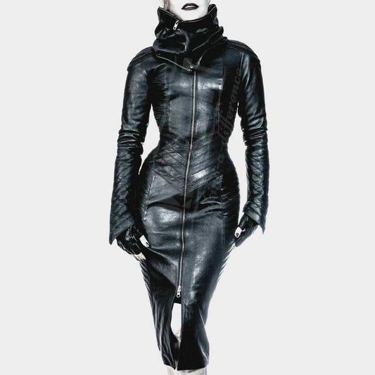 Women's black leather bodycon dress with gothic steampunk quilted detailing by Jackets Kingdom