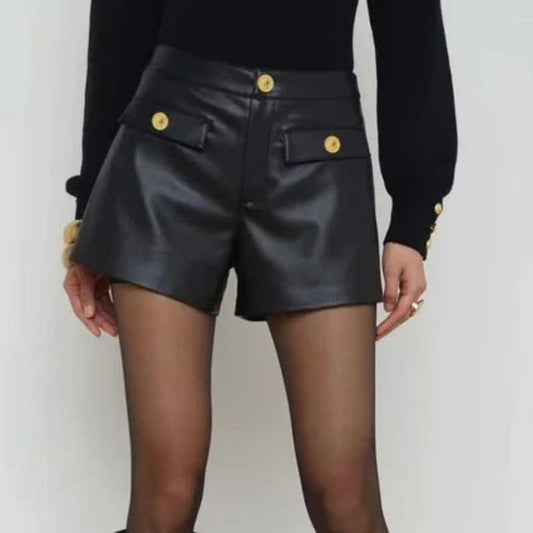 Women's black leather high waist shorts with elegant gold button detailing by Jackets Kingdom