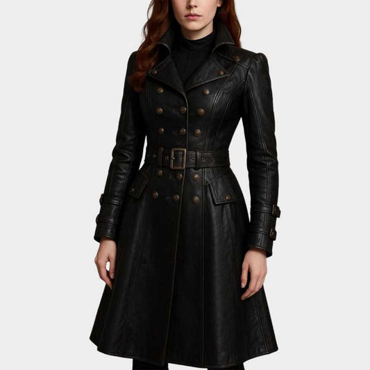 Women's black leather trench coat with corset back and steampunk detailing by Jackets Kingdom
