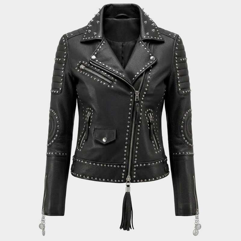 Women's black studded leather biker jacket with silver studs and asymmetrical zipper closure