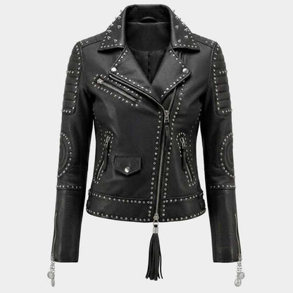 Women's black studded leather biker jacket with silver studs and asymmetrical zipper closure