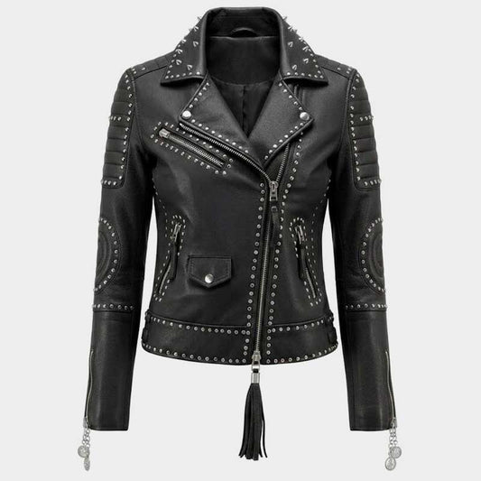 Women's black studded leather biker jacket with silver studs and asymmetrical zipper closure