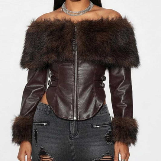 Women's brown lambskin leather off shoulder corset jacket with plush faux fur trim
