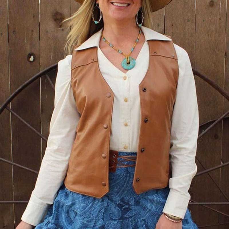 Women's camel leather western vest with handcrafted design and snap button front closure