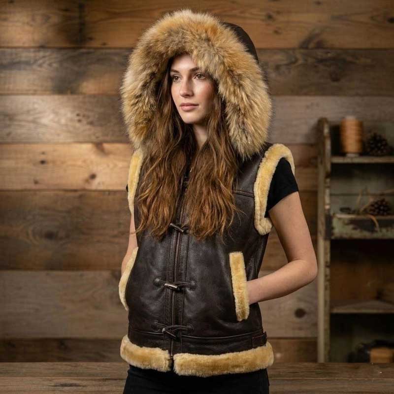 Women's chocolate brown leather shearling vest with hooded design and high-volume faux fur trim