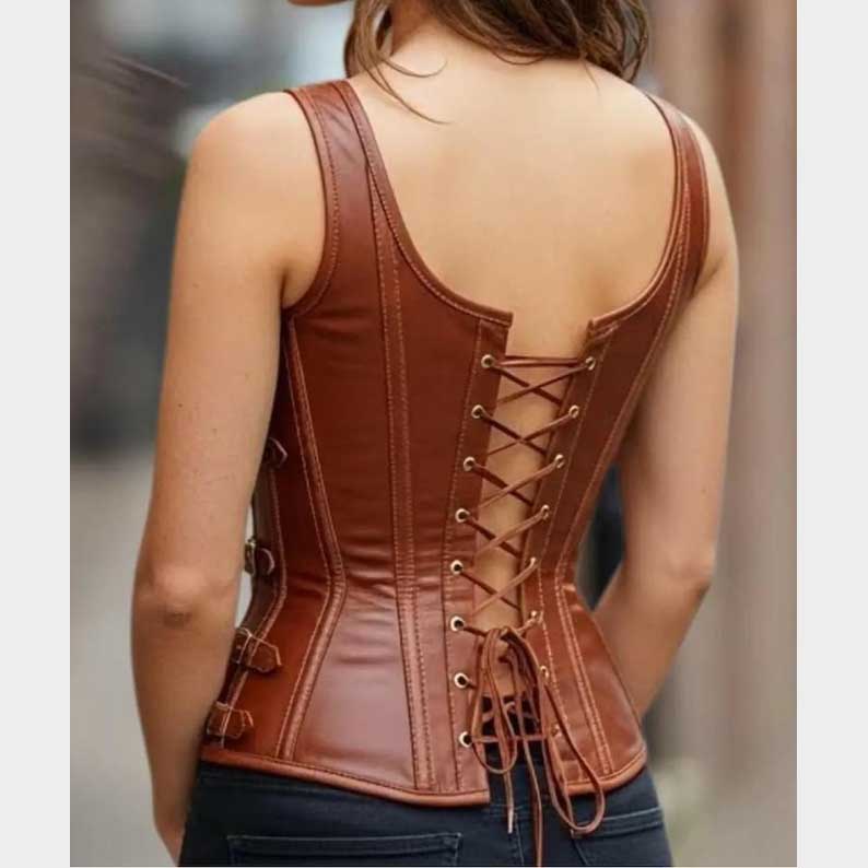 Women's cognac brown faux leather corset featuring six side buckles and structured boning by Jackets Kingdom