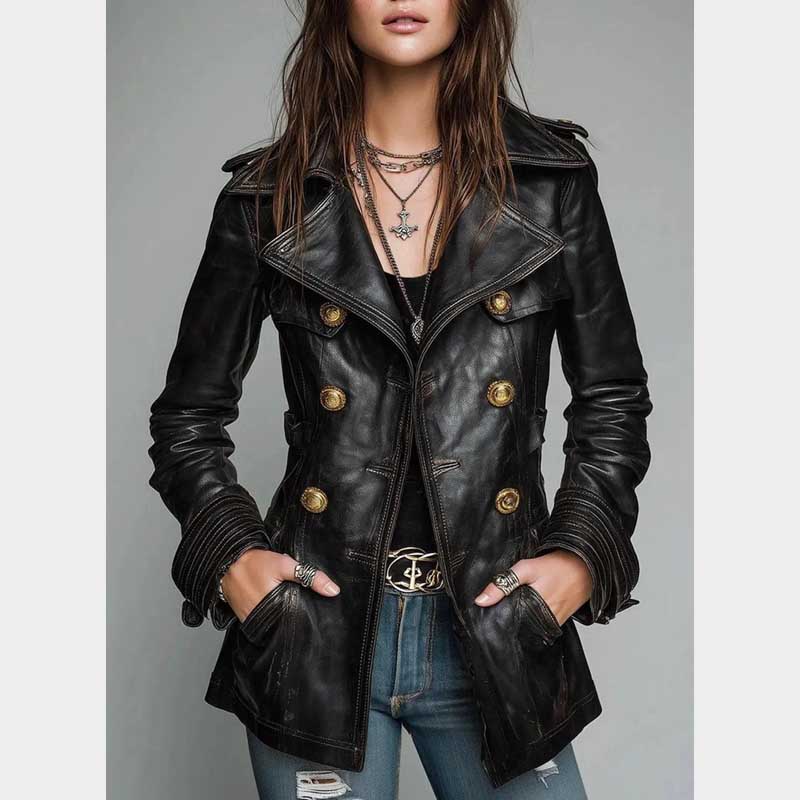 Women's double breasted lambskin leather jacket in vintage black with antique-gold buttons