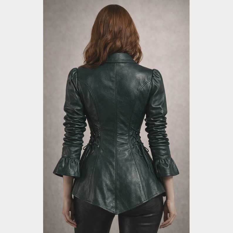 Women's genuine leather button down top in deep green with gathered cuffs by Jackets Kingdom