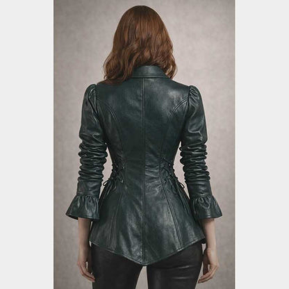 Women's genuine leather button down top in deep green with gathered cuffs by Jackets Kingdom