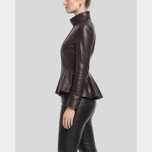 Women's genuine leather jacket in brown featuring structured collar and tailored seams by Jackets Kingdom
