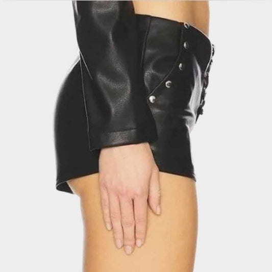 Women's gothic leather shorts featuring adjustable lace up front and structured fit by Jackets Kingdom