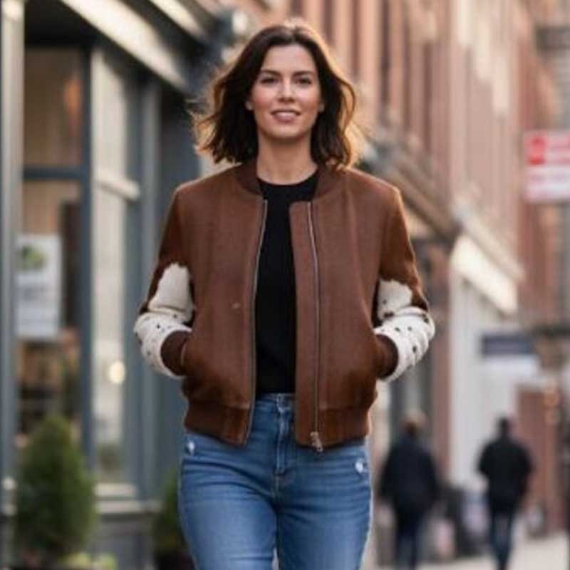 Women's handmade cowhide leather bomber jacket with genuine hair-on texture and Western style