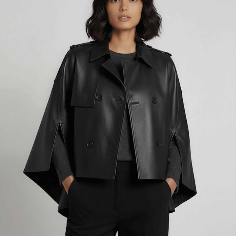 Women's handmade leather cape coat with poncho silhouette and double-breasted front by Jackets Kingdom