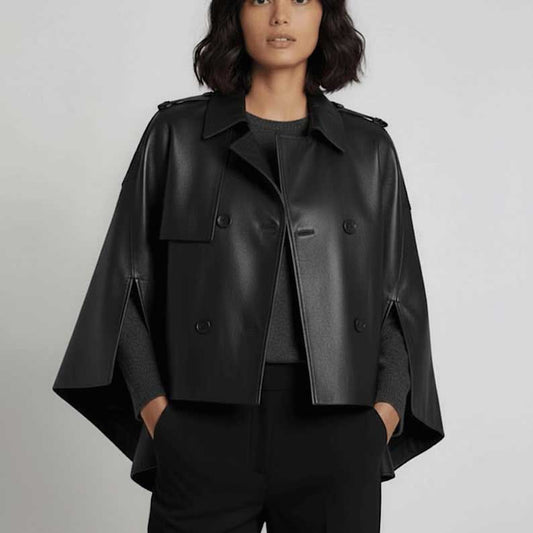 Women's handmade leather cape coat with poncho silhouette and double-breasted front by Jackets Kingdom
