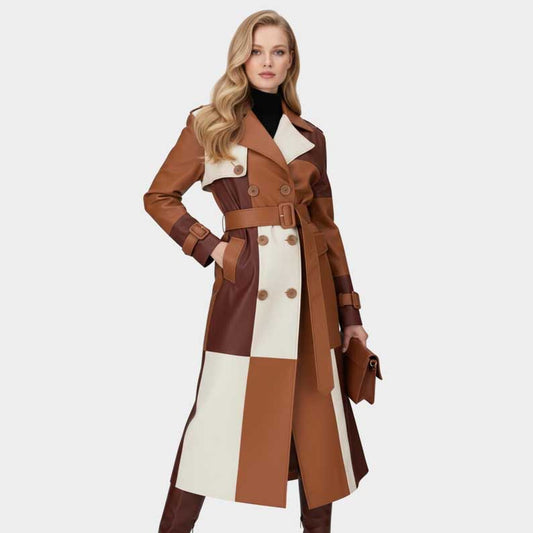 Women's leather long coat in patchwork tan brown cream colors by Jackets Kingdom
