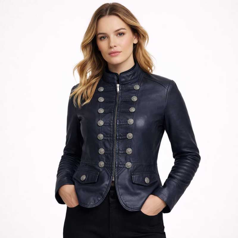 Women's navy blue lambskin leather jacket with handmade military inspired victory style