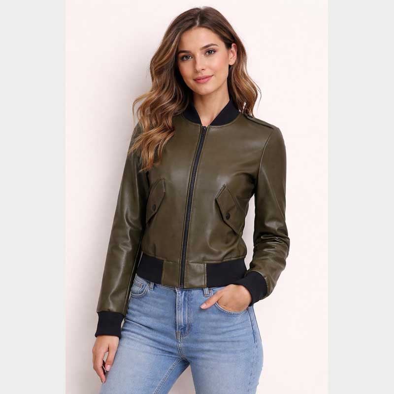 Women's olive lambskin leather bomber jacket front view with ribbed trim by Jackets Kingdom