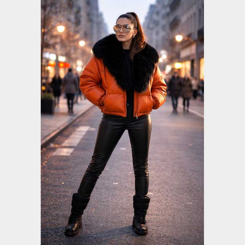 Women's orange leather puffer jacket with oversized black faux fur collar and padded insulation