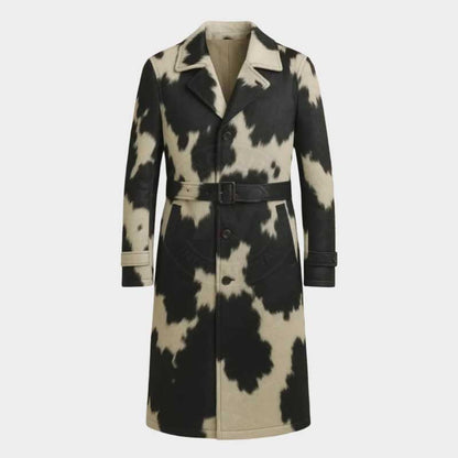 Women's real cowhide hair on leather trench coat front view with belt by Jackets Kingdom