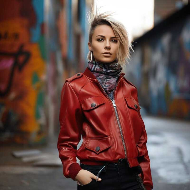 Women's red lambskin leather jacket with classic retro vintage design and slim fit silhouette