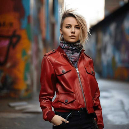 Women's red lambskin leather jacket with classic retro vintage design and slim fit silhouette