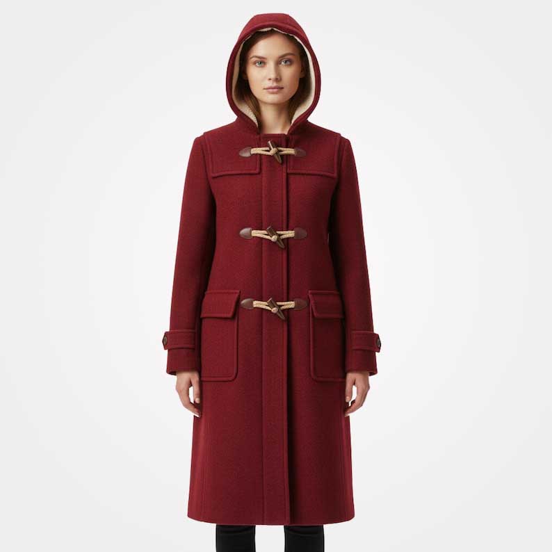 Women's red wool duffle coat with fur lined hood by Jackets Kingdom