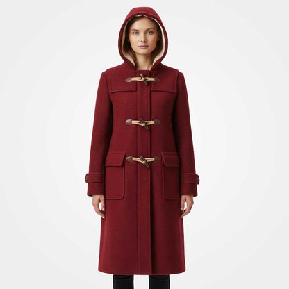 Women's red wool duffle coat with fur lined hood by Jackets Kingdom
