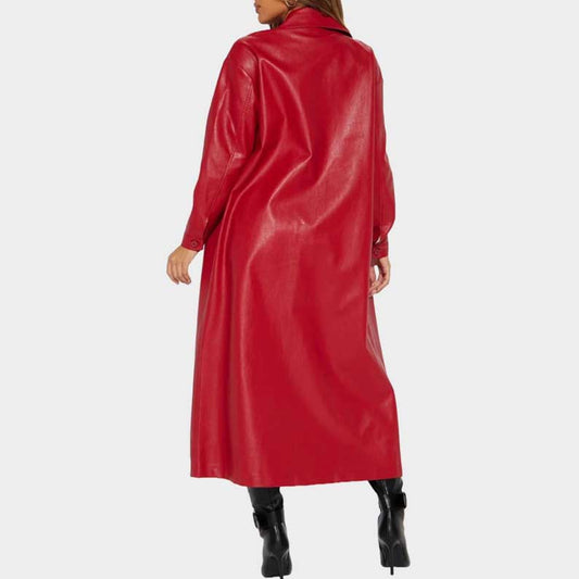 Women's sheepskin leather overcoat in red with full satin lining by Jackets Kingdom