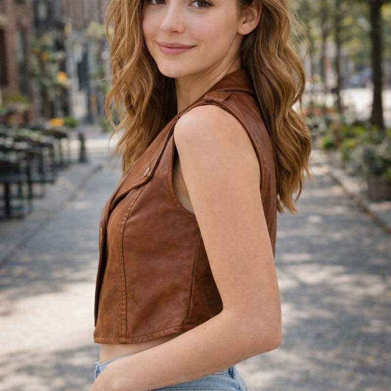 Women's soft leather cropped vest in brown featuring minimalist front buttons by Jackets Kingdom