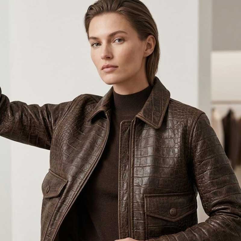 Women's vintage crocodile embossed leather bomber jacket with handmade craftsmanship and ribbed trim