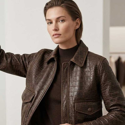 Women's vintage crocodile embossed leather bomber jacket with handmade craftsmanship and ribbed trim