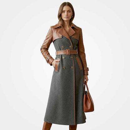 Women's wool and leather long coat with adjustable belt by Jackets Kingdom