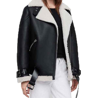 Black Shearling Biker Jacket for Women