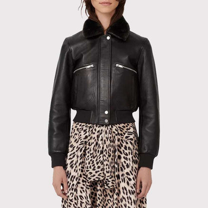 Elegant Women's Black Leather Shearling Collar Jacket