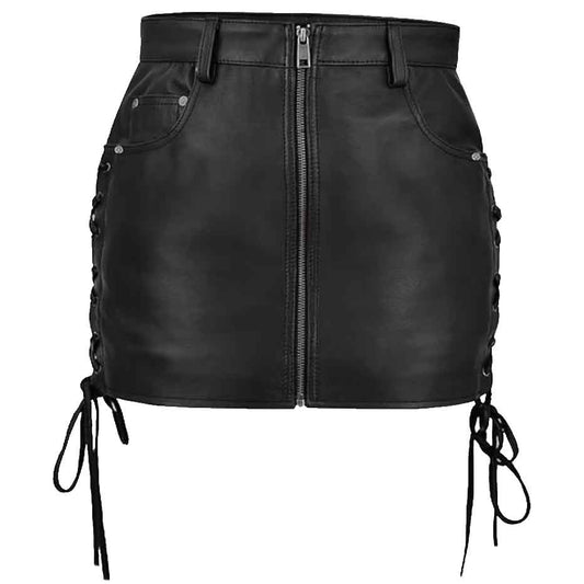 Women's Black Leather Skirt Side lace Up Leather Skirt