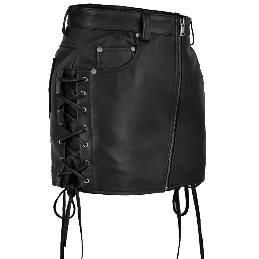 Women's Black Leather Skirt Side lace Up Leather Skirt