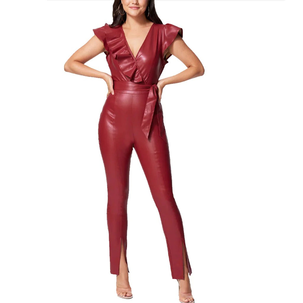 Women's Ruffle Detailed Leather Jumpsuit
