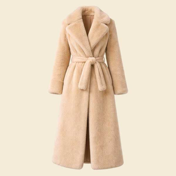 Womens Belted Faux Fur Maxi Coat full length winter jacket