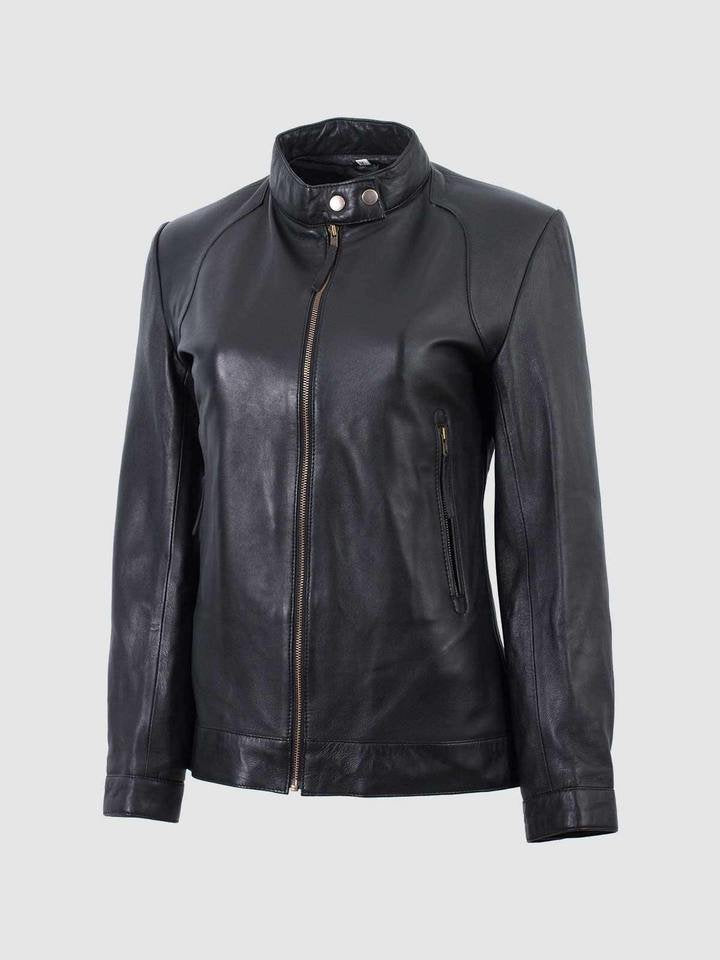 Women's Black Band Collar Biker Leather Jacket