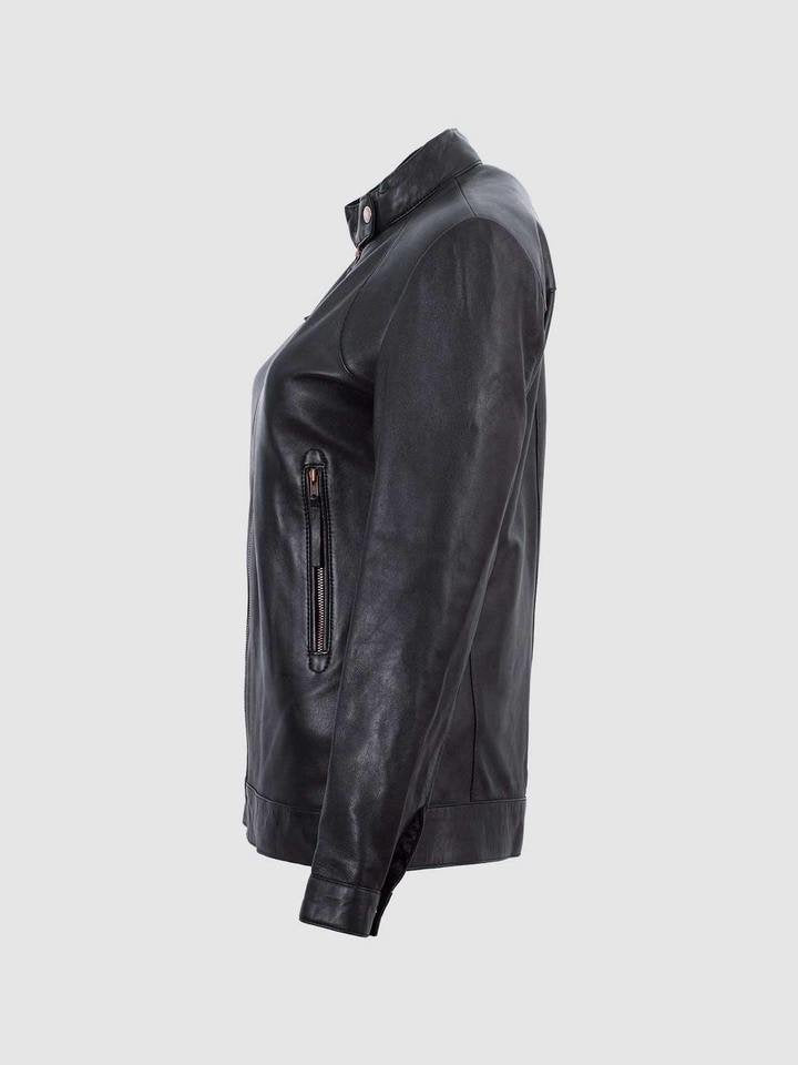 Women's Black Band Collar Biker Leather Jacket